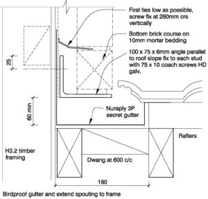 Clay Brick – Wall at side of roof slope Secret Gutter Option